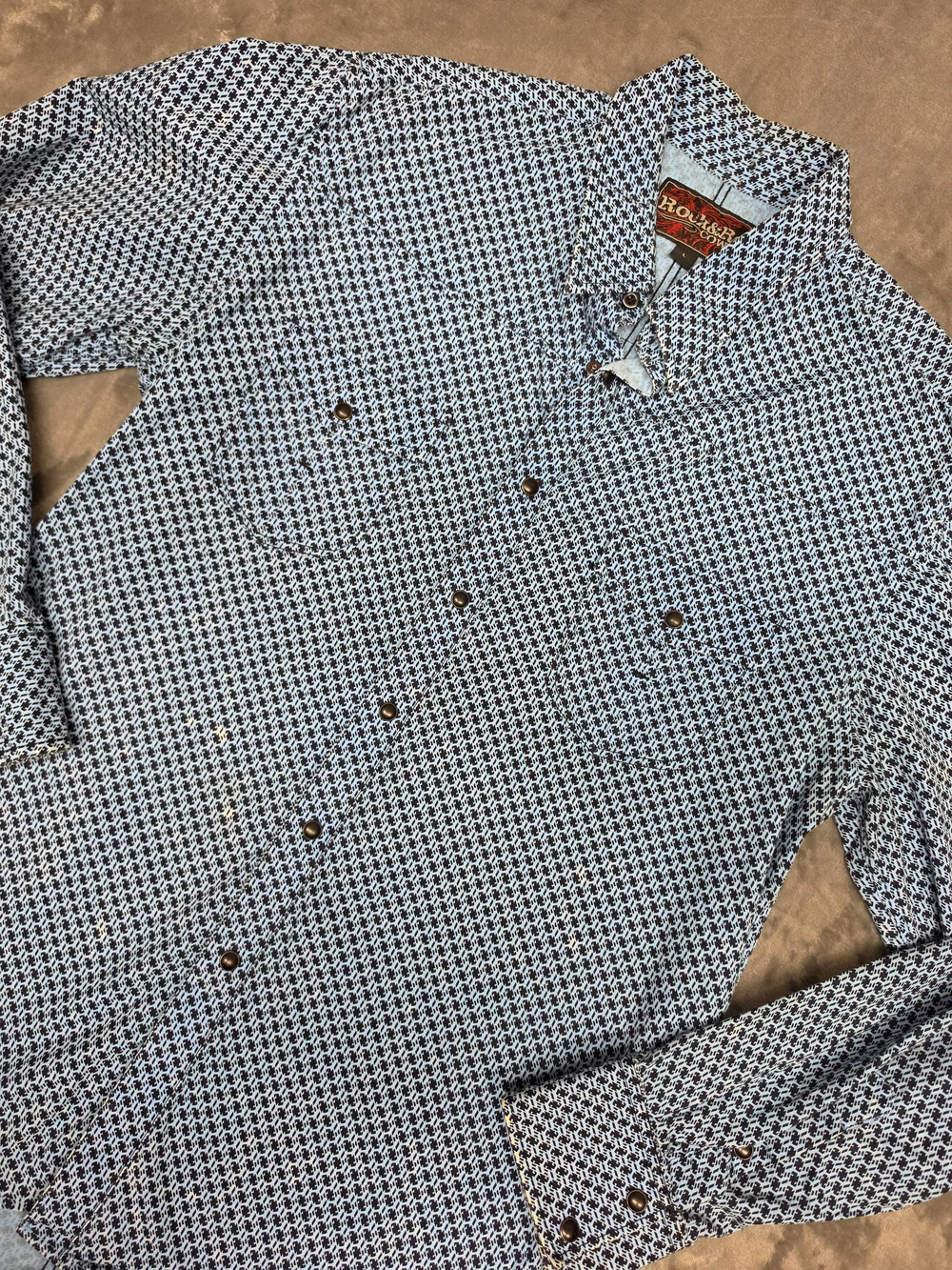 Rock And Roll Cowboy Western Shirt Blue Black Print Snap Button Size L